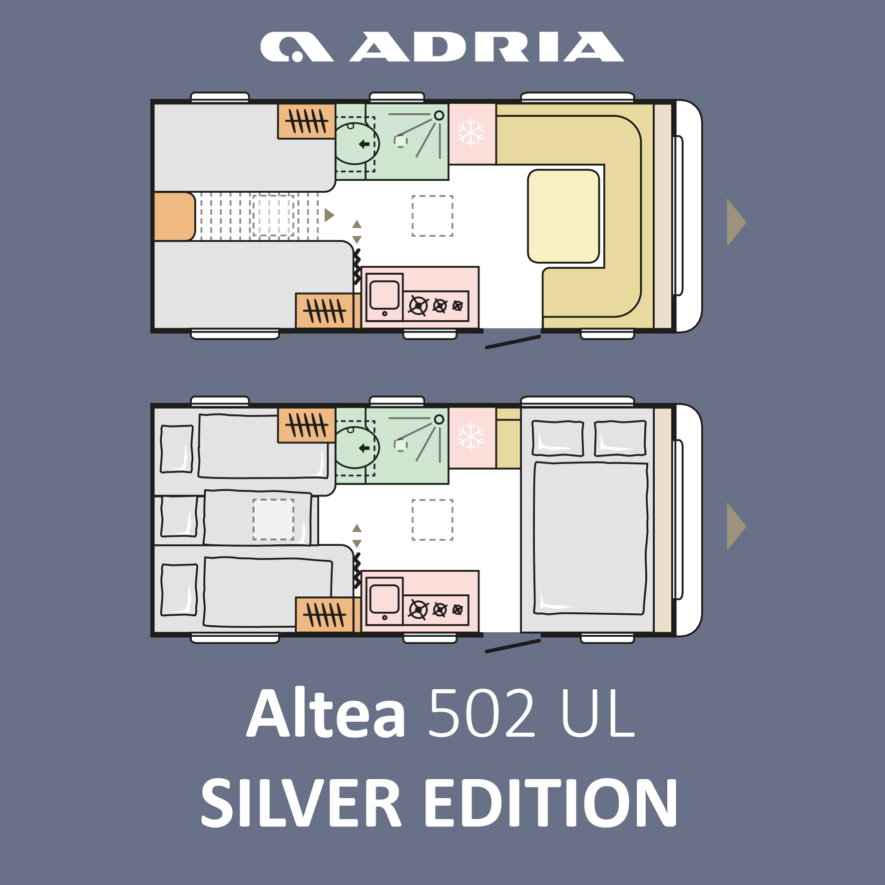 Schematische weergave indeling, plattegrond Adria Altea caravan met enkele bedden